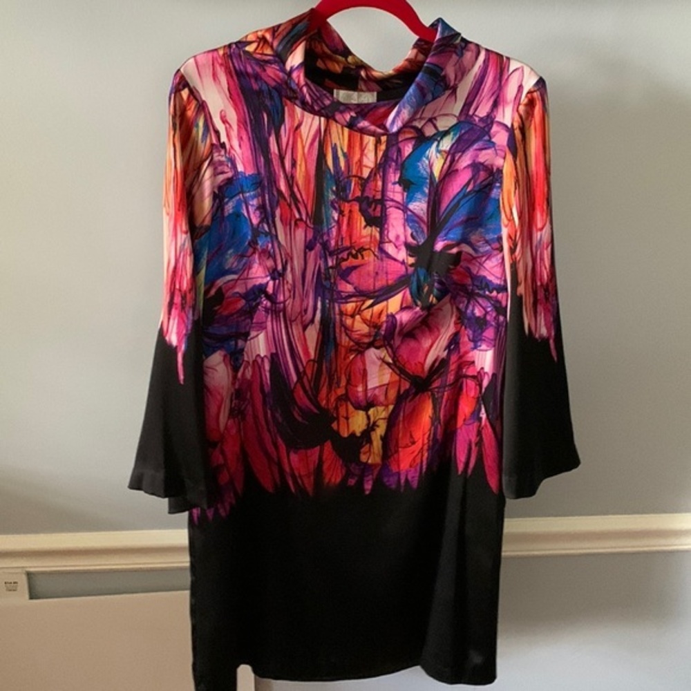 Alberto Makali Abstract Print Funnel Neck Silk Dress Made in USA